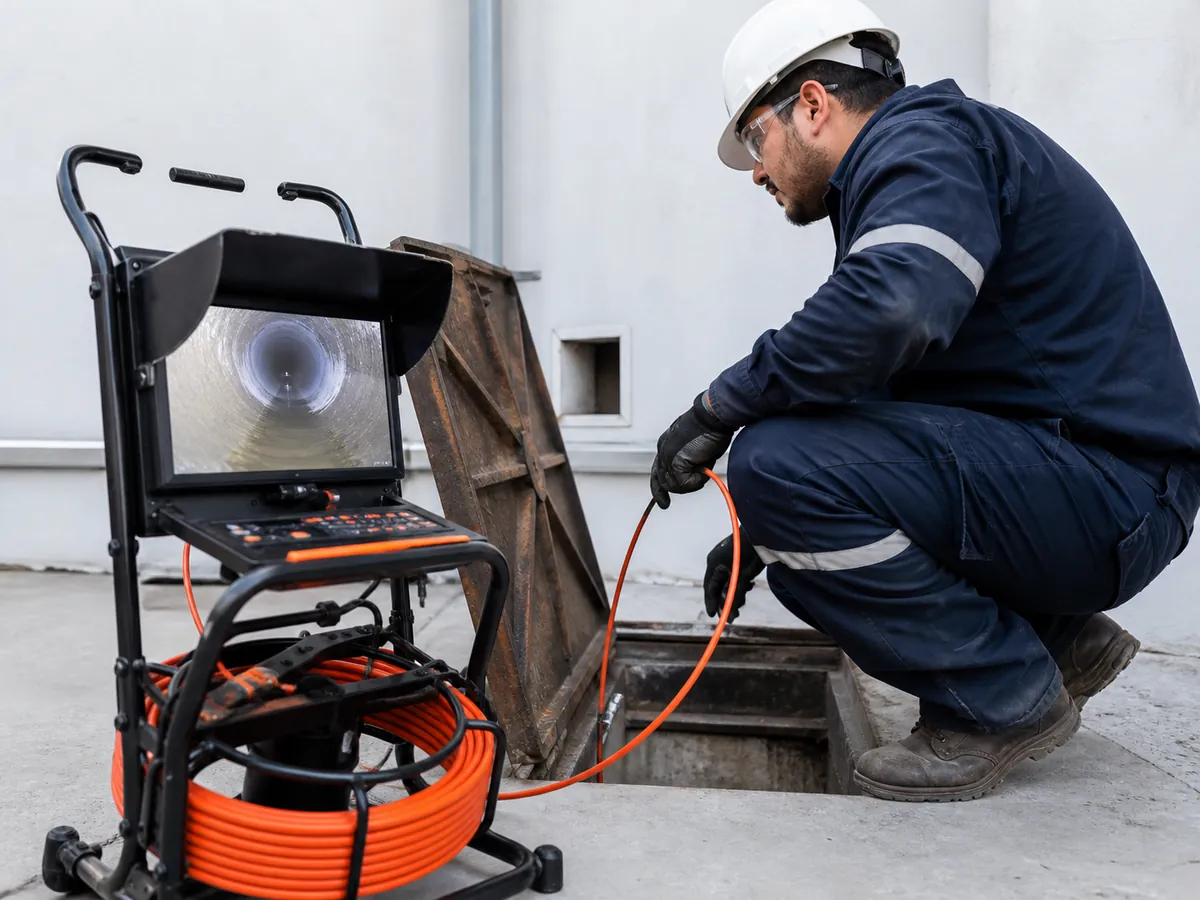 Técnico operando una cámara CCTV en un registro de alcantarillado